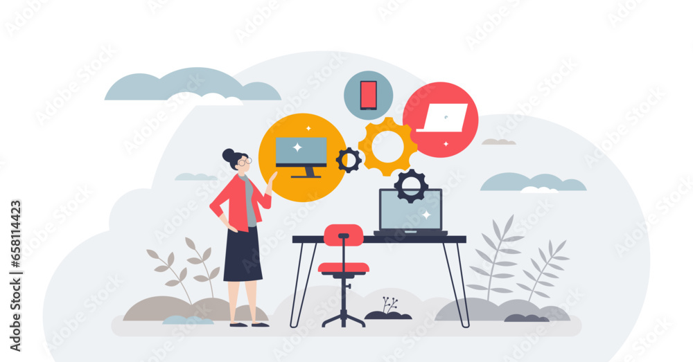 Aufkleber synchronized business solutions with integrated system tiny person concept, transparent background.t
