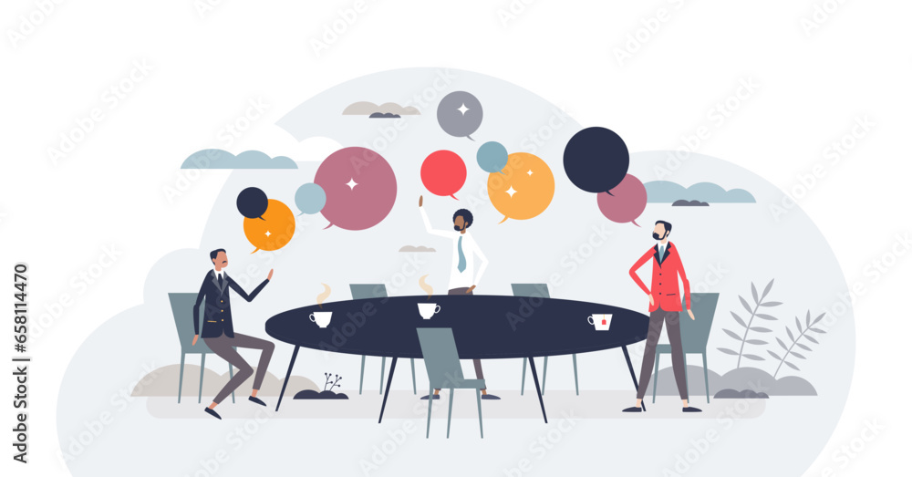 Poster collaborative brainstorming session with idea sharing tiny person concept, transparent background. b