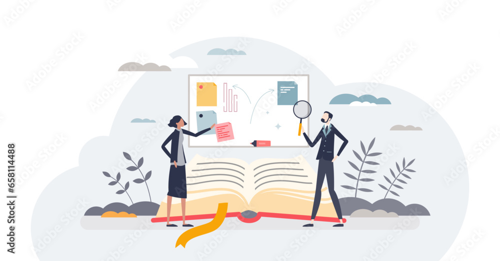 Poster exploring business strategies with adviser consulting tiny person concept, transparent background. e