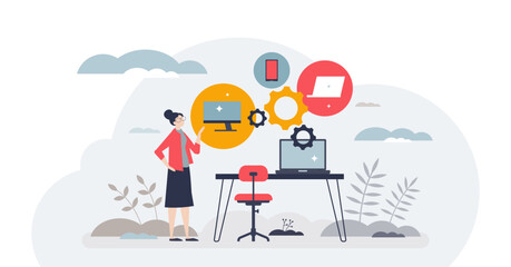 Synchronized business solutions with integrated system tiny person concept, transparent background.Technology for effective database management and business connection illustration.