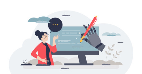 AI writing and artificial intelligence text typing tool tiny person concept, transparent background. Use modern technology for communication process automation and content generation illustration.