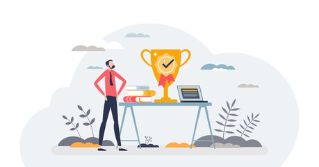Achievements unlocked and successful business award tiny person concept, transparent background. Businessman or manager standing with gold prize as financial motivation and target illustration.