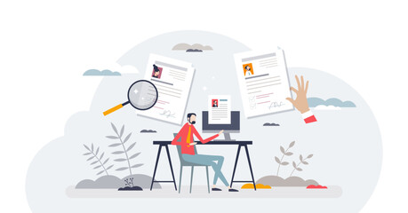 Job hunt and CV or resume sending to hiring company tiny person concept, transparent background.Recruitment process with HR offer illustration.Search new professional career path.