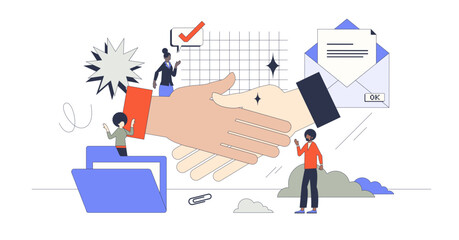 Obraz na płótnie Canvas Deal sealed and formal business agreement closing process in retro tiny person concept, transparent background. Corporate work with partnership or teamwork collaboration illustration.