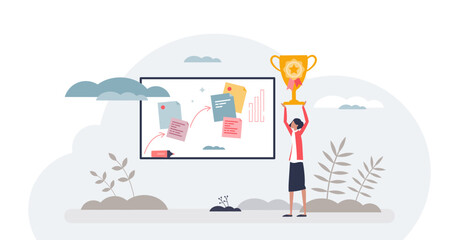 Business victory and company plan successful achievement tiny person concept, transparent background.Reach TOP with determination and motivational effort illustration. - obrazy, fototapety, plakaty