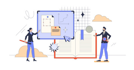 Exploring business strategies style and management tiny person concept, transparent background.Retro style illustration with cooperative planning and businessman consulting process.