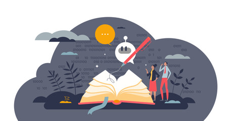 AI writing and artificial intelligence usage for typing tiny person concept, transparent background. Artificial intelligence as effective and smart automation tool.