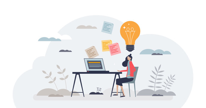 Eureka or AHA moment as suddenly understand new solution tiny person concept, transparent background. Creative, innovative or smart discovery as light bulb above head illustration.