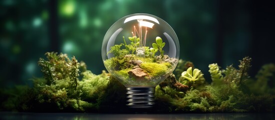 Sustainable and eco friendly energy symbols representing earth s energy concept in a green forest of moss grass and a lightbulb