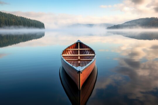 rowing boat with paddles aligned, floating on a calm lake