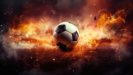 Close up of a fiery Hot soccer ball kicked with power at the stadium. ball exits on the speed from...