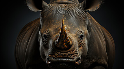 Fototapeta na wymiar Close-Up Portrait of Strong Big Rhinoceros Front Facing Selective Focus Background