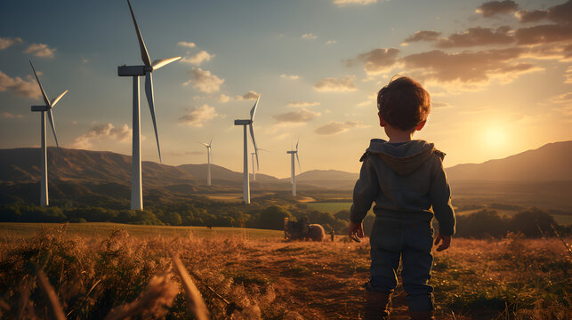 Fascinated Young Boy and the Giant Wind Turbine