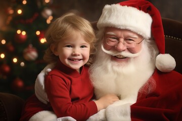 Fototapeta na wymiar Santa's Joy: Realistic Photograph of Santa Claus with a Smiling Child