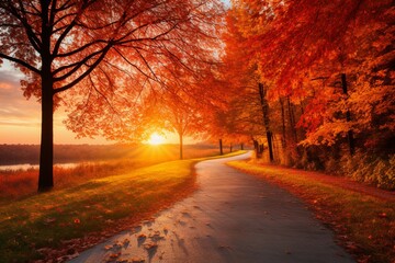 Autumn's Splendor: Picturesque Landscape with Sun, Blue Sky, and Vibrant Red and Orange Trees