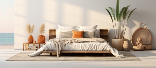 Boho style bedroom furnishings sale with free space for your text or logo - obrazy, fototapety, plakaty