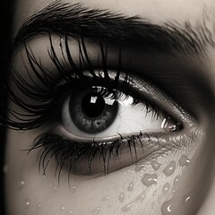 Close-Up Gaze: Expressive Open Eyes with Teardrop on Eyelashes in Macro Black and White
