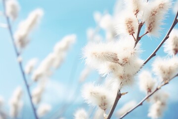 Spring's Delicate Beauty: Close-Up of Blooming Fluffy Willow Branches with Soft Focus on Turquoise Blue Sky Background in Vintage Muted Tones