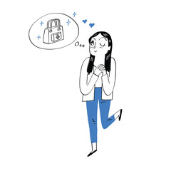 A woman daydreaming about wanting a new bag.