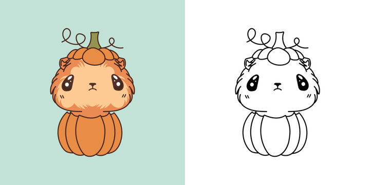 Cartoon Halloween Guinea Pig Clipart for Coloring Page and Illustration. Happy Art Halloween Rodent.