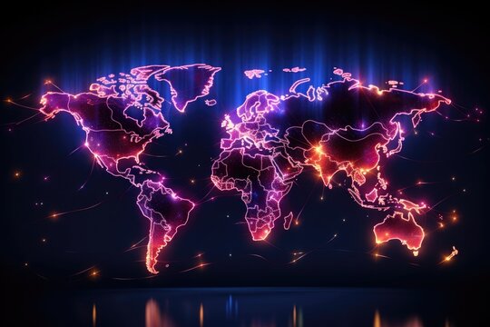 night world map with neon lights, mapamundi