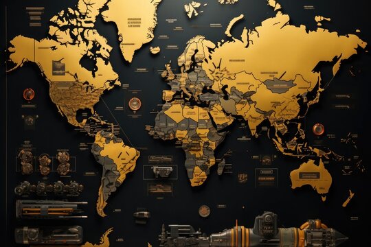 world map set in futuristic military elements, ocher, gold, gray colors.