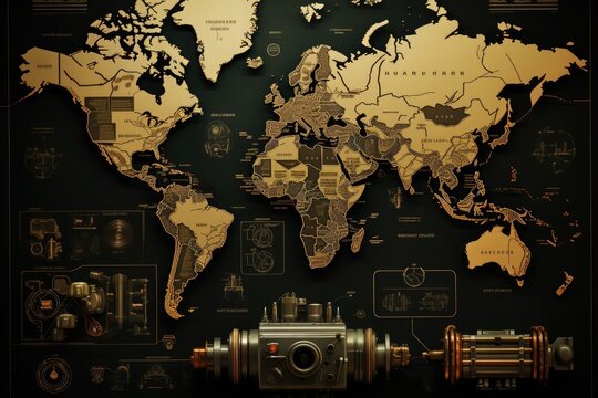 golden, futuristic and technological world map