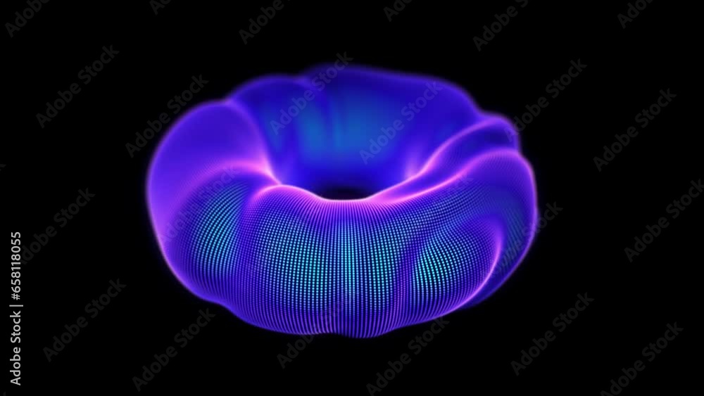 Poster neon glowing 3d torus with moving waving pixelated surface on black background. abstract visualizati