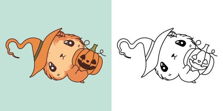 Cute Halloween Guinea Pig Clipart for Coloring Page and Illustration. Happy Art Halloween Rodent.