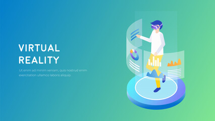 Male character in virtual reality goggles. VR technology concept. 3d isometric vector.