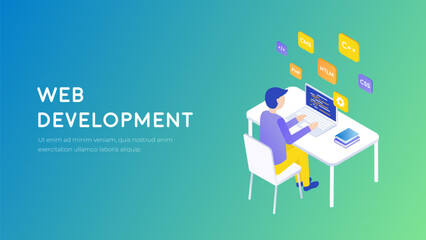 Web development, ux design and programming technology concept. Coding and remote work future vector. Male character works on laptop. 