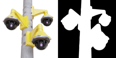 3 security cameras are watching. 3d illustration. Image + Alpha channel.