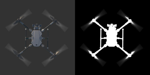 A modern aerial drone (quadcopter) with remote control, flying with an action camera. Top view. RGB+Alpha channel. 3d illustration.