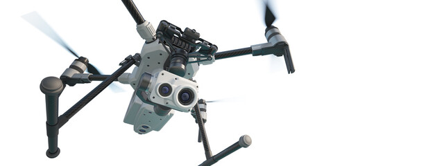 A modern aerial drone (quadcopter) with remote control, flying with an action camera. 3d illustration. Isolated on white background