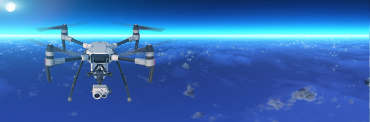 A modern aerial drone (quadcopter) with remote control, flying with an action camera. Flying above the clouds. 3d illustration.