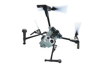 A modern aerial drone (quadcopter) with remote control, flying with an action camera. 3d illustration. Isolated on white background