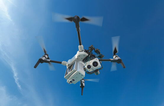 A modern aerial drone (quadcopter) with remote control, flying with an action camera. Against the background of the sky and clouds. Background: photo. Drone: 3D model. 3d illustration.