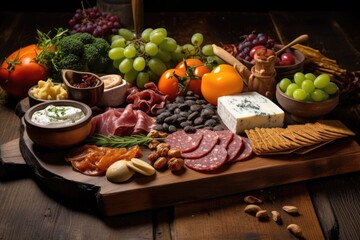 array of savory snacks spread on a rustic wooden board