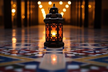 a lit moroccan lantern on a geometric tiled floor
