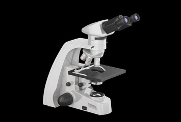 Realistic 3d illustration of a microscope. Pharmaceutical and educational tool. A magnifying tool for research. A symbol of science and chemistry. Isolated on black background