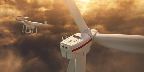 A drone (quadcopter) flying to a wind turbine (wind farm). As a concept of sustainable energy and the use of technologies to improve the efficiency of energy production. 3D Illustration. © Orange Dragon Studio