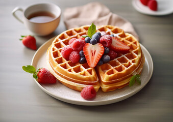 Waffle on plate with berries and cup of tea on breakfast table.Macro.AI Generative