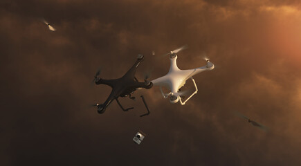 Two drones (copters) colliding with each other in the air. This image is suitable for demonstrating potential hazards and risks, as well as the importance of following safety measures.3D Illustration