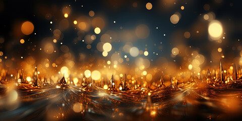 Fototapeta na wymiar Dark Yellow Color Defocused Macro Sparks Fall and Sparkle in Ray of Light Glitter Background