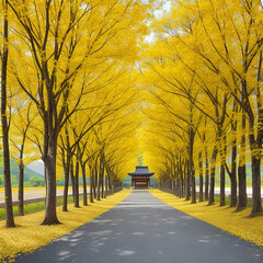 Row of yellow ginkgo trees 
