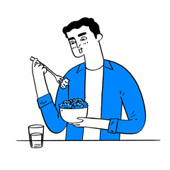 Man eating vegetarian food from a large bowl.