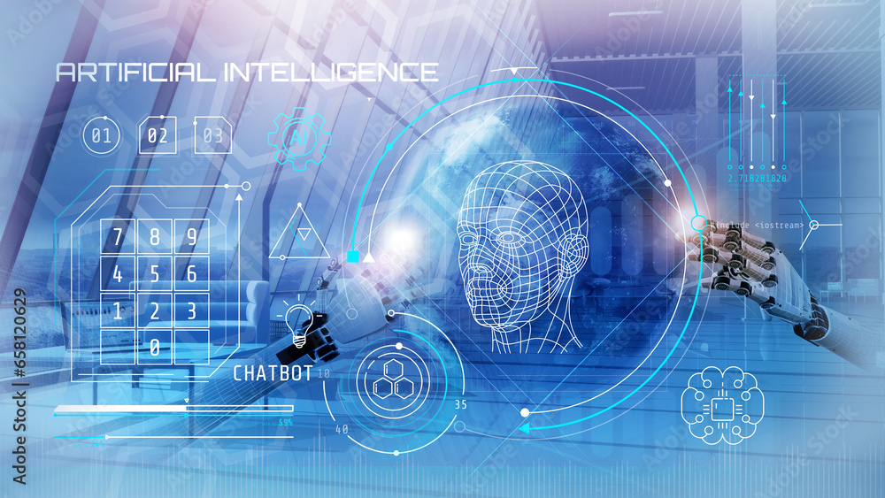 Poster virtual infographic with 3d human model and learning robots.