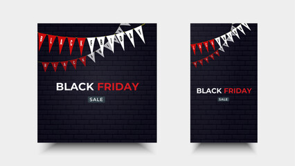 Black friday sale design. Illustration of glowing brick wall and flag ornament for promotion, advertising, banner, background