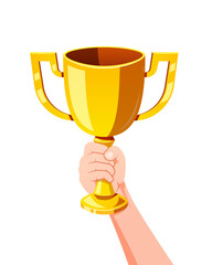 Hand holding golden trophy vector isolated on white background.