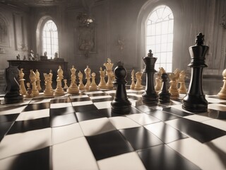 chess pieces on a chessboard - obrazy, fototapety, plakaty